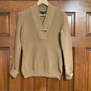 NWT Ralph Lauren Tan V-Neck knit cotton Sweater toggle closure women’s medium